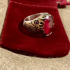 May include: A silver and gold ring with a large, red gemstone. The ring has intricate details and a smaller red gemstone on the side.