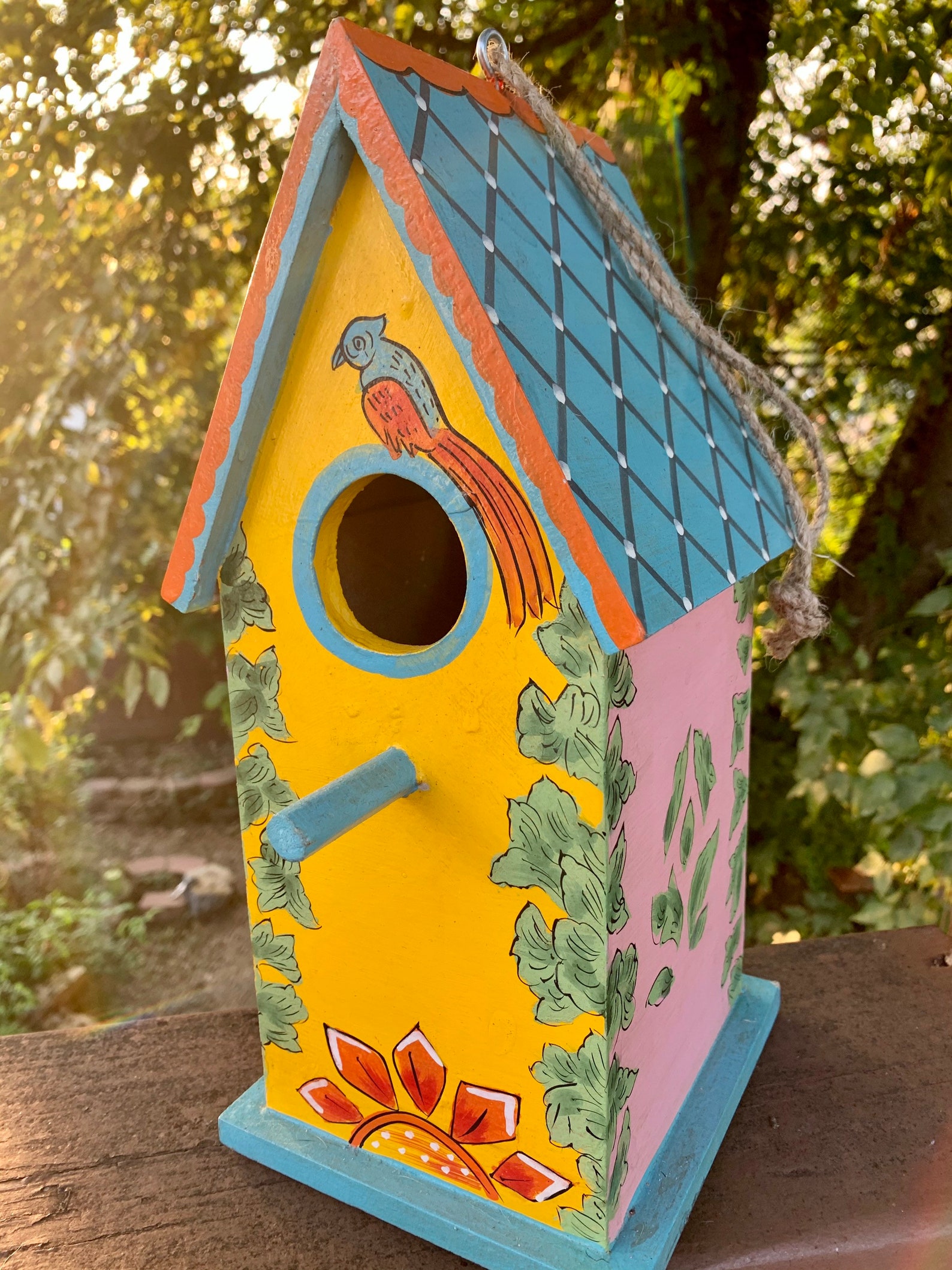 Hand Painted Yellow & Pink With Red Parrot Artisan Bird House - Etsy