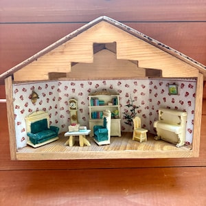 Vintage Handmade Miniature Dollhouse Living Room Scene with White Piano Diorama Shadow Box