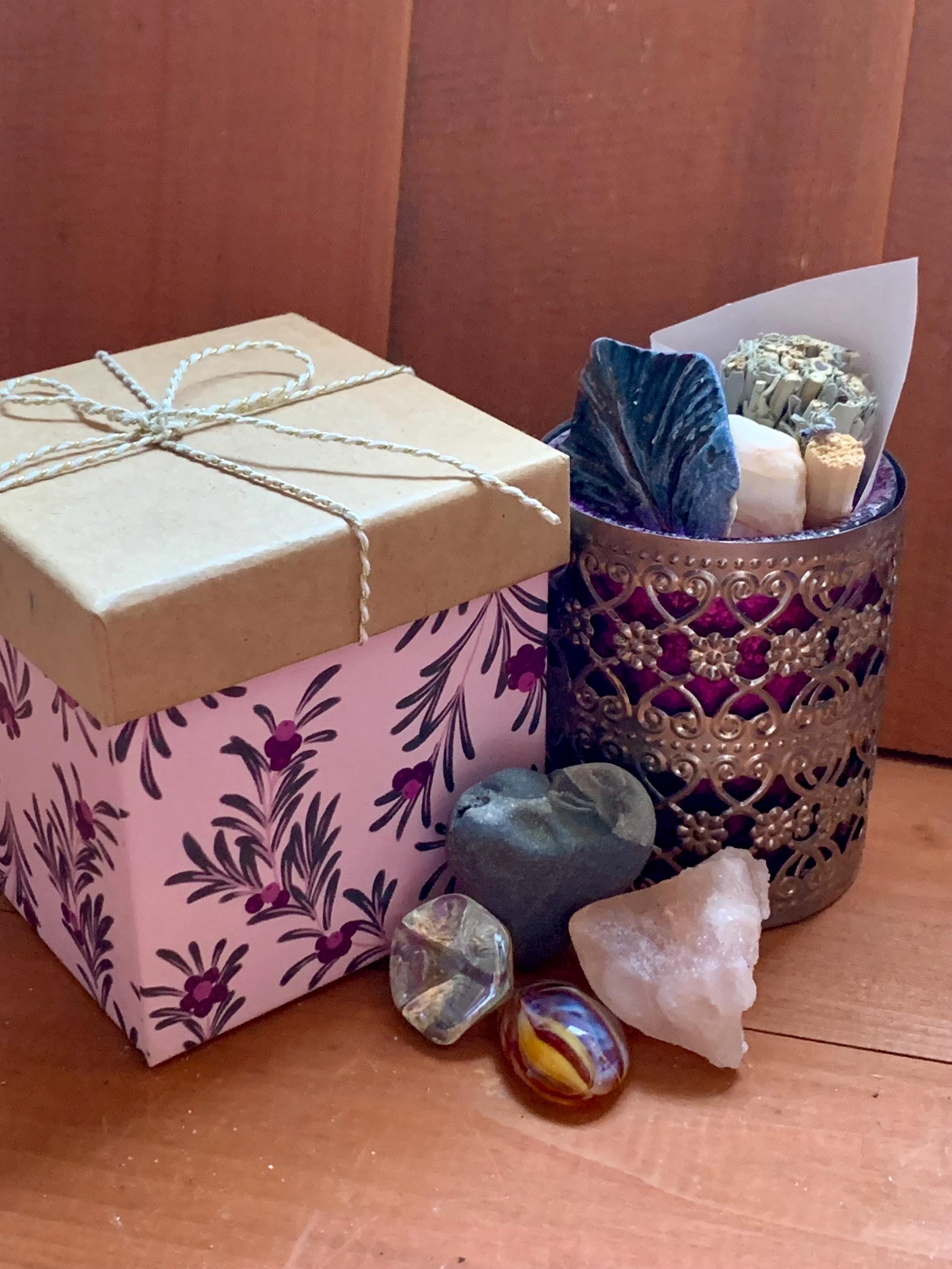 Spirit Cleansing Self-Care Gift Set Sage Palo Santo Purple Candle Holder Kit Salt Mineral Incense Moon Stones Healing Heart Adder Stone