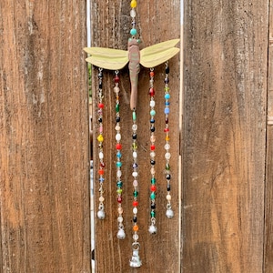 Dragonfly Beaded Multicolored Wind Chime Sun Catcher With Bell Handmade Recycled