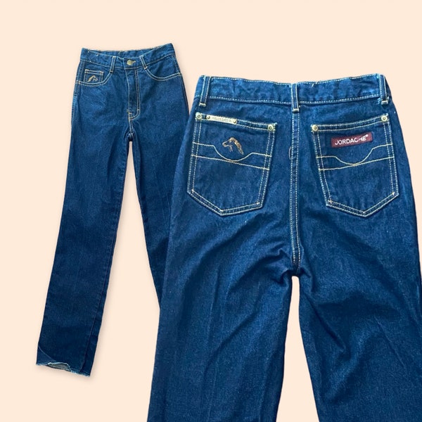 Vintage 80s Kids’ Jordache Dark Wash Flare Jeans Unfinished Hem SLIM FIT Size 8 / Medium
