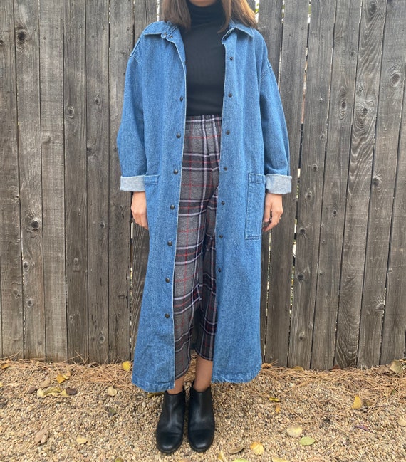 90s denim duster | vintage jean trench | 1990s lon