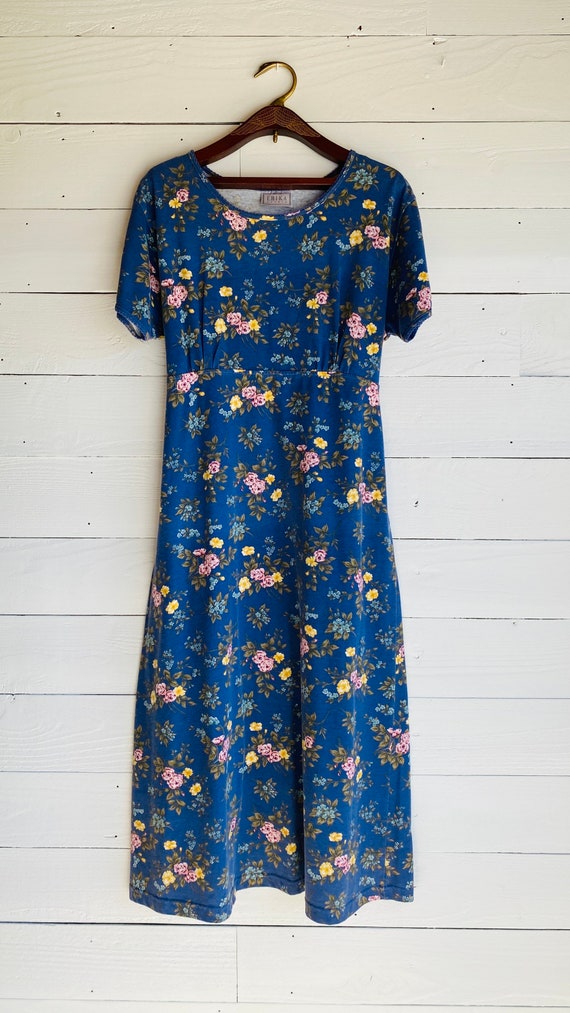 80/'s Blue Floral Print Dress Medium Large Vintage Long Sleeve Dress
