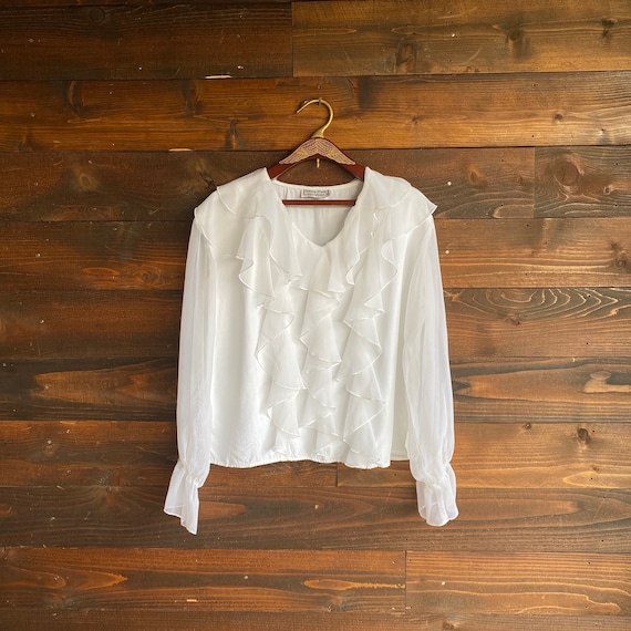 80s white ruffle blouse | vintage sheer blouse | 1