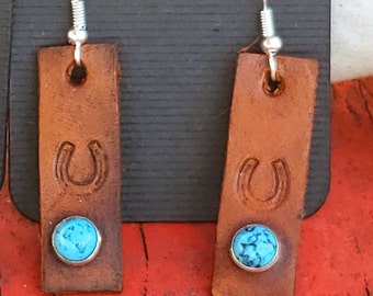Handmade Canyon Brown Leather rectangle western earrings