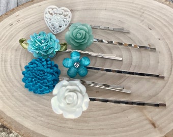 Blue Bridal Hair Pins, Flower Hair Pins Bridesmaid Gift, Floral Bobby Pins, Bridal Bobby Pin Hair Piece, Heart Bobby Pin, Bride Hair Jewelry