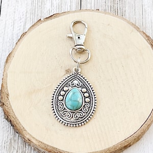 Cute Turquoise Handbag Charm, Silver Purse Charms, Zipper Pulls for backpack, Unique Custom Jewelry, Cool Boho Western Hippie Keychain Clips