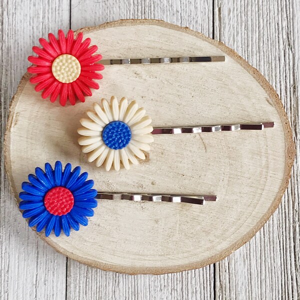 Épingles à cheveux fleur bleu rouge, 4 juillet, barrettes à cheveux femme, épingles à cheveux décoratives, accessoires cheveux 4 juillet, noeud pour cheveux femme, patriotique