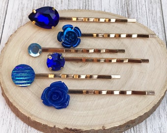 Cobalt Blue Gold Hair Pins, Neutral Hair Pins, Minimalist Wedding Hair Jewelry, Women Hair Clips, Modern Bobby Pins, Flower Hair Barrettes
