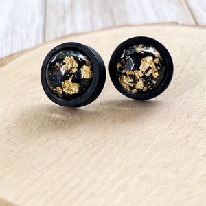 Gold Flake Earring Studs, Black Wood Stud Earring, Unique Mens Earring, Boho Earring, Handmade Jewelry, Round Resin Earring, Cool Women Stud