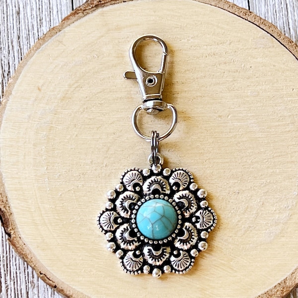 Cute Turquoise Handbag Charm, Silver Purse Charms, Zipper Pulls for backpack, Unique Custom Jewelry, Cool Boho Western Hippie Keychain Clips