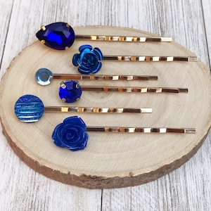 Cobalt Blue Gold Hair Pins, Neutral Hair Pins, Minimalist Wedding Hair Jewelry, Women Hair Clips, Modern Bobby Pins, Flower Hair Barrettes