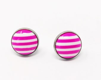 Pink and White Striped Earrings, Retro Stud, Minimalist Stud Earring, Stainless Steel Earring, Boho Earring, Statement Jewelry, Gift for her
