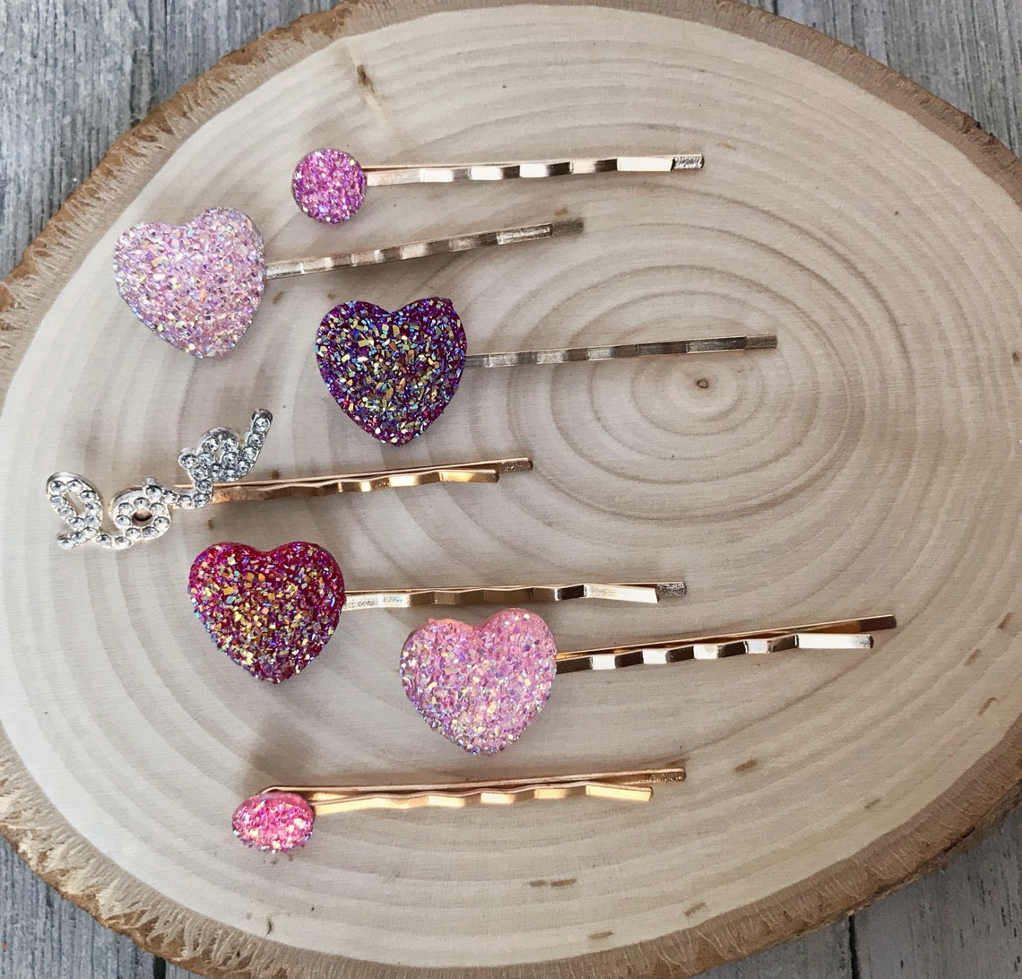 Heart Hair Pins Pink Glitter Hair Clips Rhinestone Love Etsy