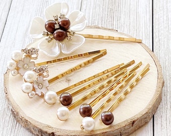 Brown Pearl Hair Pins, Bridal Hair Pin Set, Wedding Hair Jewelry for Bride, White Floral Bobby Pins, Flower Hair Clips, Rhinestone Barrettes