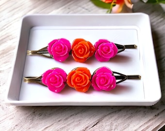 Pink & Orange Rose Flower Hair Pins, Floral Bobby Pins For Women, Trendy Decorative Hair Clips, Wedding Bridal Barrette, Cute Boho Aesthetic