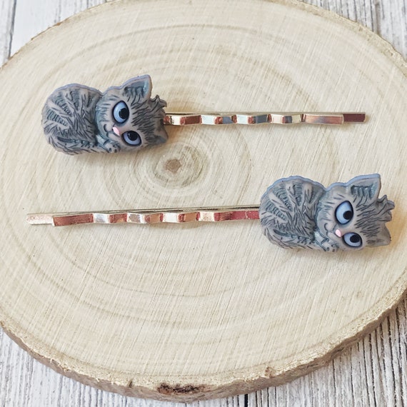 Cat Hair Pin, Gray Cat Bobby Pin, Hair Clip for Women, Cat 
