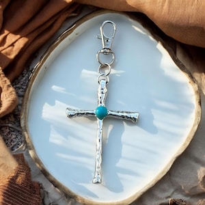 Turquoise Cross Purse Charm – Western Boho Bag Accessory – Hammered Antique Silver Keychain – Spiritual Gifts for Her – Rustic Faith Jewelry
