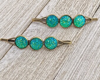 Green Druzy Hair Pins, Hair Pins for Women, Womens Hair Clips, Cute Bobby Pins, Hair Barrettes for Women, Druzy Hair Clips, Women Bobby Pins