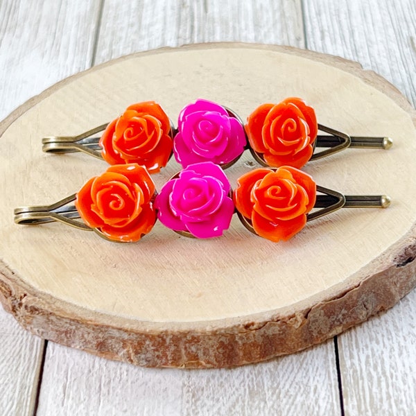 Orange & Pink Rose Flower Hair Pins, Floral Bobby Pins For Women, Trendy Decorative Hair Clips, Wedding Bridal Barrette, Cute Boho Aesthetic