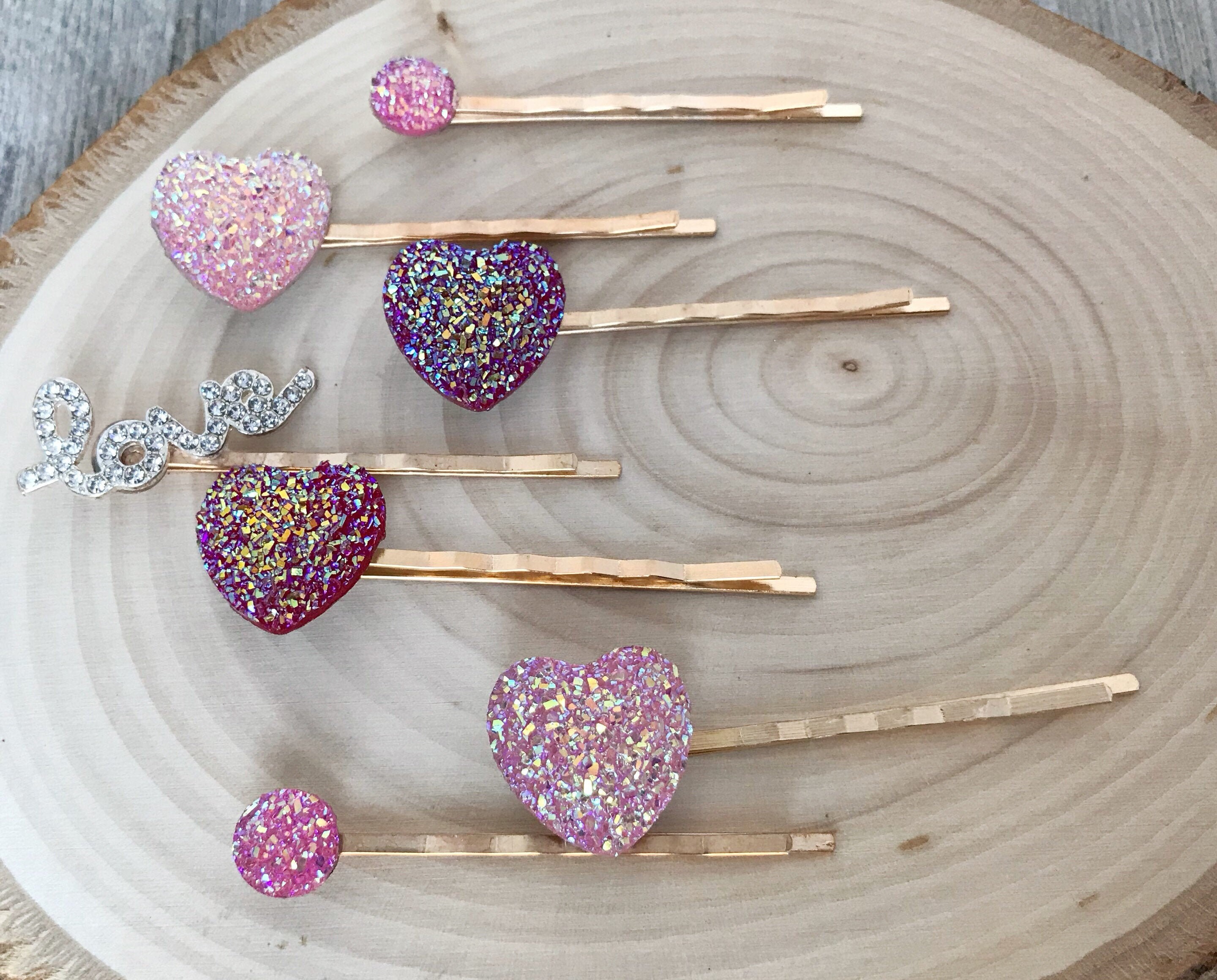 Heart Hair Pins Pink Glitter Hair Clips Rhinestone Love Etsy