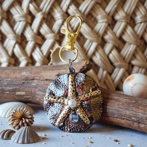 May include: A decorative keychain with a sand dollar design. The sand dollar pendant has a metallic finish with gold accents and a pearl centre. The keychain includes a gold-coloured clasp. The background includes seashells and driftwood.