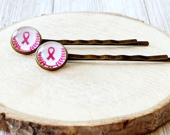 Pink Hope Ribbon Hair Pins, Breast Cancer Awareness Jewelry, Womans Bobby Pin, Pink Hair Clip, Womens Hair Accessory, Gold Hair Barrette