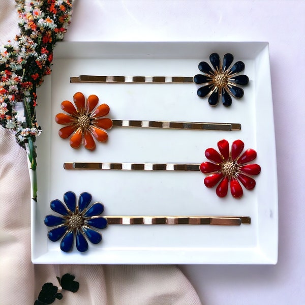 Flower Hair Pins, Floral Hair Pins, Wedding Hair Clip, Womens Hair Clip, Boho Bobby Pin, Wildflower Barrette, Red Black Orange Blue Hair Pin