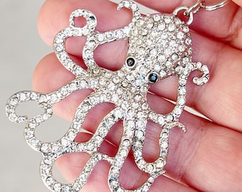 Octopus Zipper Pulls for Purse, Cute Backpack Charms, Unique Handbag Jewelry, Large Rhinestone Zipper Charms, Cool Sea Life Beach Keychains