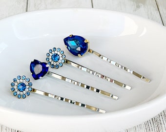 Blue Rhinestone Hair Pins, Heart Hair Pins, Hair Pin For Woman, Cobalt Blue Bobby Pin, Decorative Bobby Pin, Flower Hair Clips, Gift for Mom