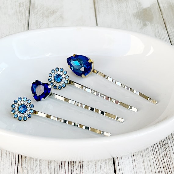 Blue Rhinestone Hair Pins, Heart Hair Pins, Hair Pin for 