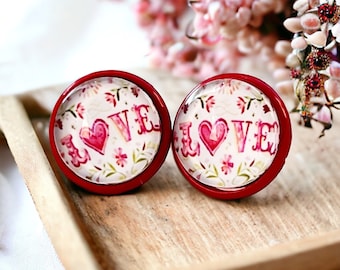 Pink Floral Heart Earring Studs, Valentine Stud Earring, Unique Earring, Cute Womens Earring, Handmade Jewelry, Fun Girlfriend Earring, Gift