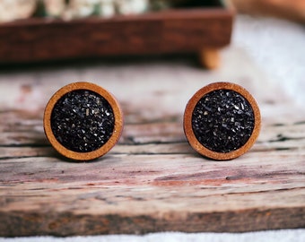 Black Druzy Earring, Druzy Stud Earring, Wood Earring, Boho Chic Earring, Womens Statement Jewelry, Round Druzy Earring, Minimalist Jewelry