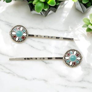 Boho Floral Hairpins, Handmade Silver Enamel Flower Bobby Pins, Unique Bohemian Hair Clips, Festival Hair Accessories, Western Gifts for Her