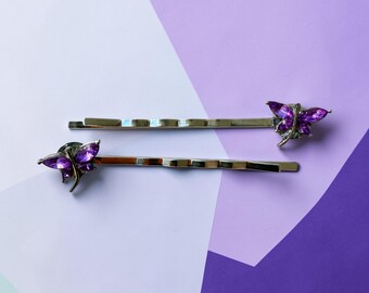 Dragonfly Hair Pins with Purple Rhinestones, Womens Silver Bobby Pins, Set of 2 Hair Clips