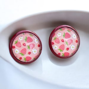 Red Strawberry Stud Earrings, Cute Floral Hippie Earrings for Women, Fun Unique Colorful Fruit Jewelry Pretty Casual Boho  Spring Summer Set