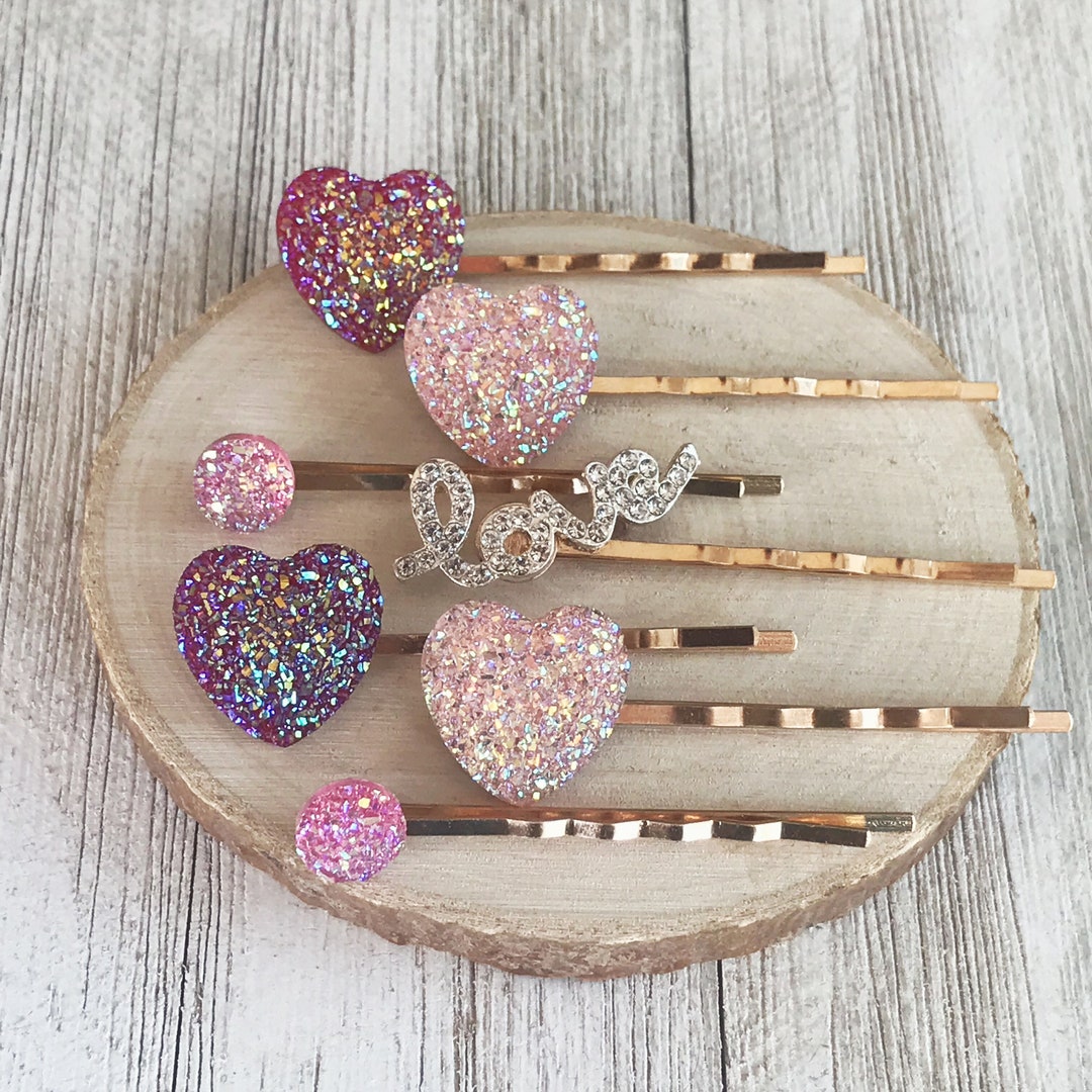 Heart Hair Pins, Pink Glitter Hair Clips, Rhinestone Love Pins, Purple