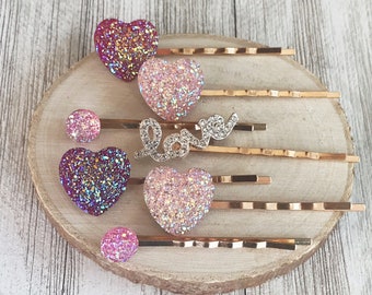 Heart Hair Pins, Pink Glitter Hair Clips, Rhinestone Love Pins, Purple Glitter Hair Pins, Womens Hair Clips, Word Hair Pin, Red Bobby Pins,