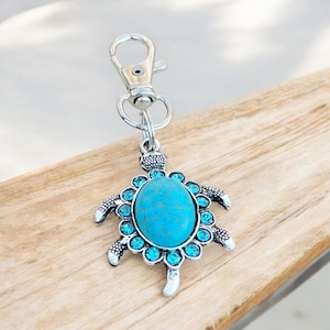 Turquoise Sea Turtle Keychains, Handmade Boho Ocean-Inspired Bag Charms, Silver & Blue Crystal Purse Clip, Beach lover Coastal Gifts for Her