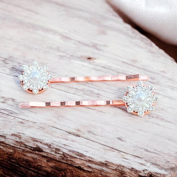 Rose Gold Pearl & Crystal Hair Pins, Handmade Bridal Bobby  display picture 3