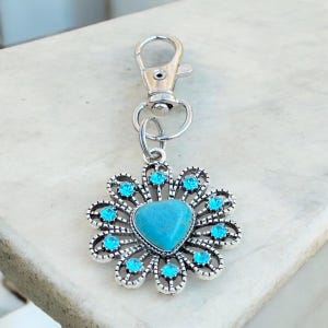 Turquoise Sunburst Keychains, Boho Bag Charms, Silver Filigree Purse Clips, Western Keyrings, Blue Crystal Floral Accessory, Gifts for Her