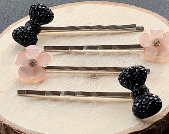 Flower Hair Pins, Bow Bobby Pin, Womens Hair Pins, Floral Bobby Pin, Decorative Hair Pin, Black Bow Hair Pin, Dainty Hair Pin, Pink Hair Pin