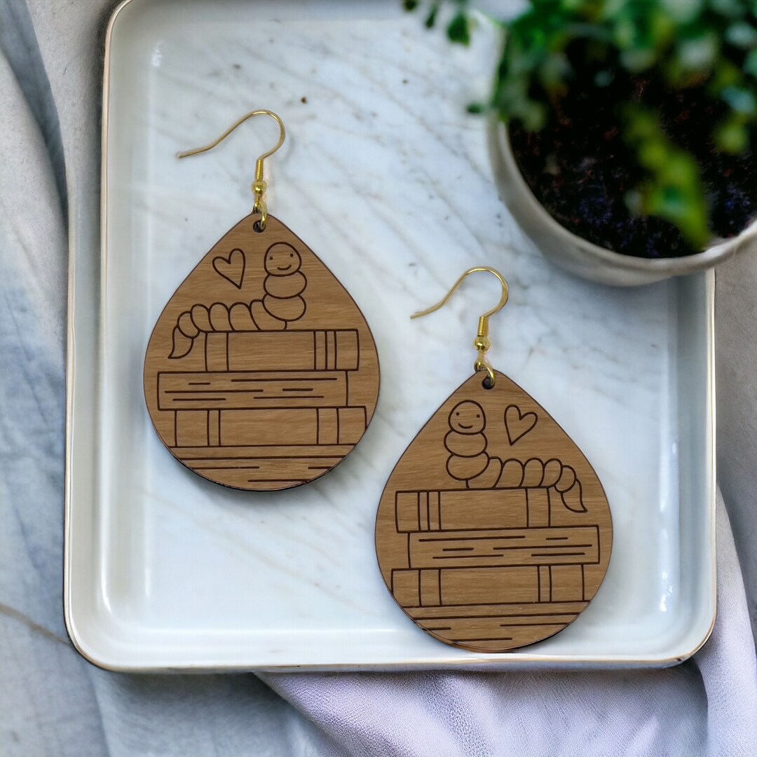 Bookshelf Literary Earrings, Heart Wood Dangle Earring, Cute Book Lover ...