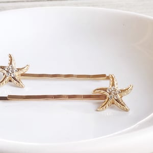 Gold Starfish Hair Pins, Beach Hair Pins, Rhinestone Hair Pins, Sea Shell Bobby Pin, Womens Hair Clip, Womans Bobby Pin, Decorative Hair Pin
