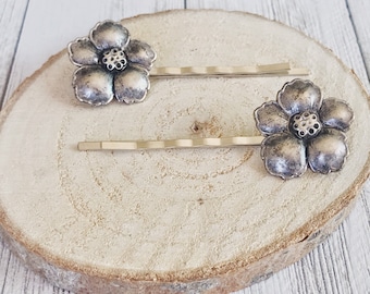 Flower Hair Pins, Floral Hair Pins, Wedding Hair Clips, Womens Hair Clips, Boho Bobby Pins, Wildflower Barrettes, Antiqued Silver Hair Clips