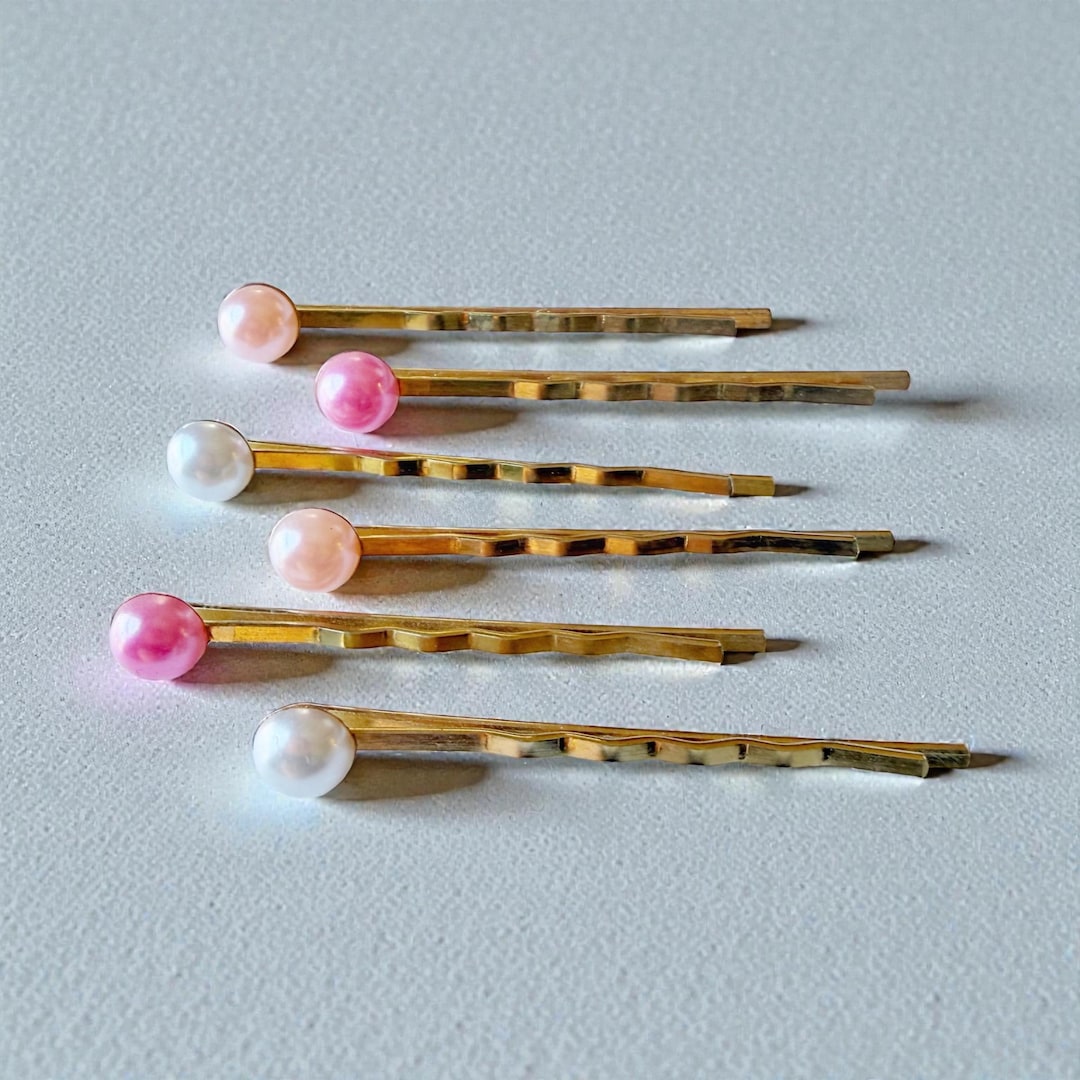 Pink & White Pearl Hair Pins Set of 6, Feminine Gold Bobby Pins, Bridal ...