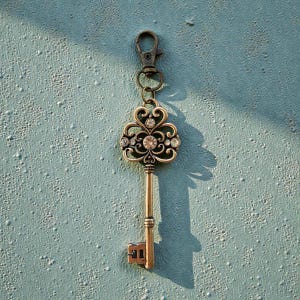 May include: An antique-style key with a decorative head featuring clear rhinestones and an ornate design. The key is attached to a bronze-colored clasp, perfect for use as a keychain or pendant. The key is gold-colored and has a detailed keyhole end.