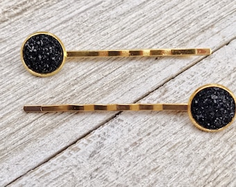 Black and Gold Hair Pins, Summer Hair Pins, Druzy Hair Clips, Womans Hair Pins, Womens Hair Clips, Black Druzy Bobby Pins, Womans Barrettes