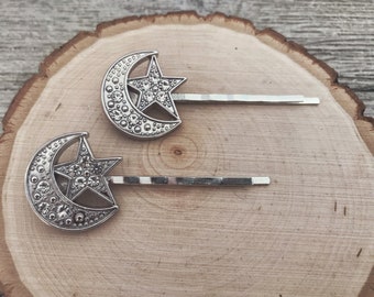 Moon Hair Pins, Stars Bobby Pins, Silver Wedding Hair Jewelry, Womens Hair Clip, Boho Bobby Pins, Bridal Hair Barrette, Celestial Hair Pins